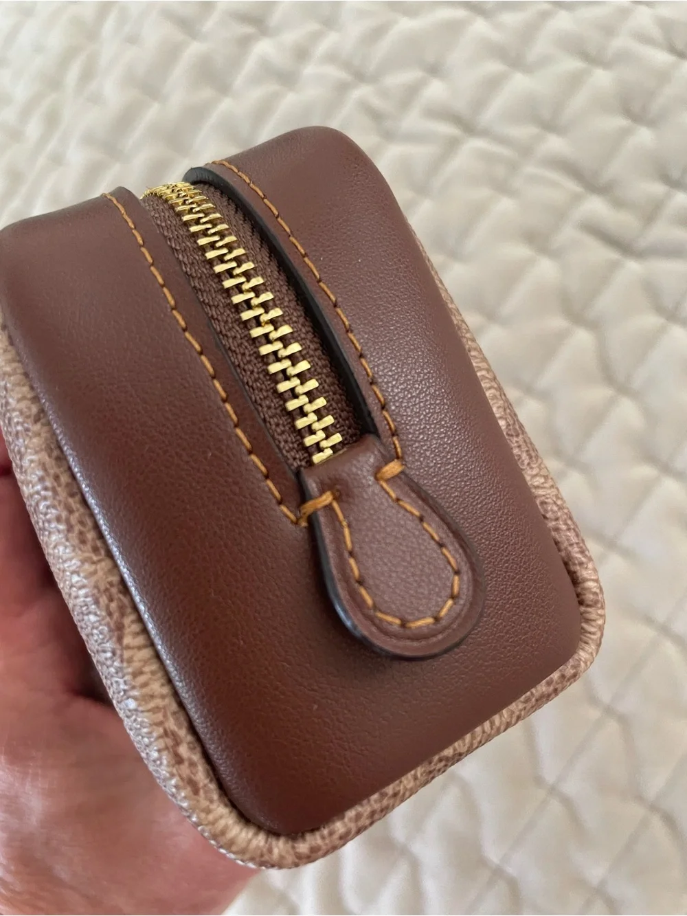Coach Brown and Tan Interior Zip Pouch wristlet with Gold Hardware